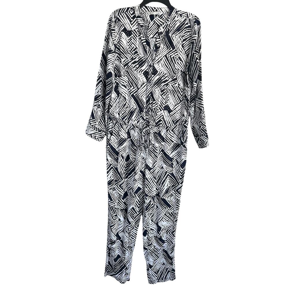 Trina Turk Zandra Jumpsuit Womens 4 Indigo Geometric Button Front Pocket EUC